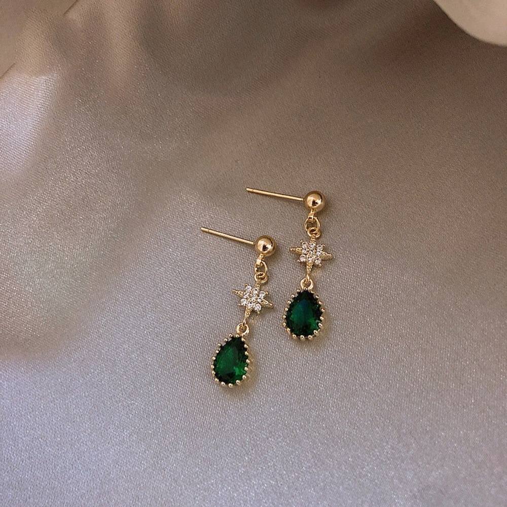 18K Gold Plated Teardrop Shape Green Emerald Dangle Drop Earrings for Women - Picture 4 of 5